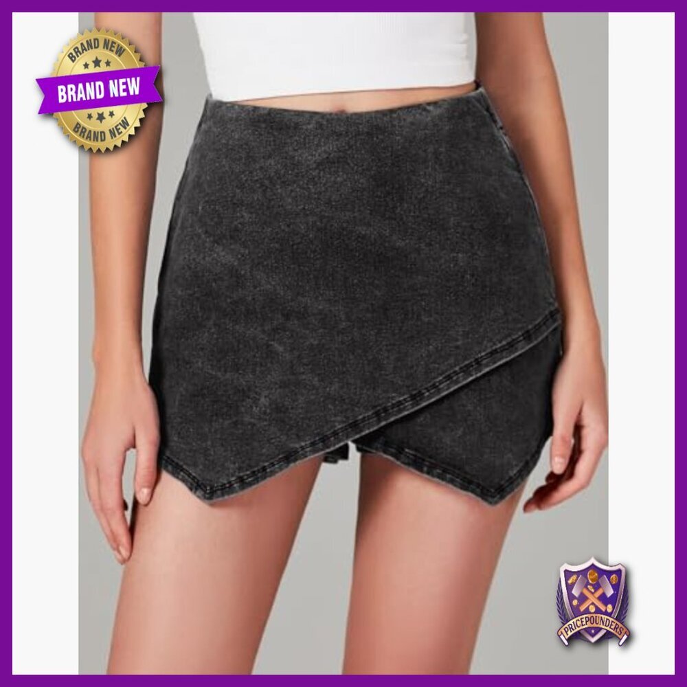 High Waisted Denim Skort Pull On Stretchy Wrap Asymmetrical Skirt Shorts - Picture 3 of 7